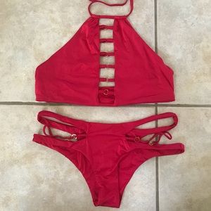 Beach Bunny red high neck halter bikini set